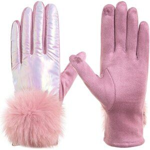 Women's Baby Pink Winter Warm Faux Leather Fleece Fur Cuffs Touchscreen Gloves